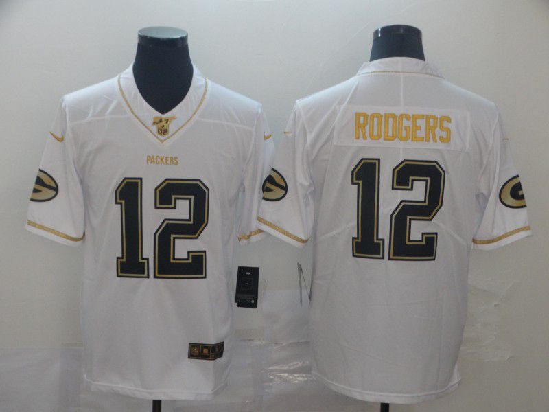 Men Green Bay Packers 12 Rodgers White Retro gold character Nike NFL Jerseys